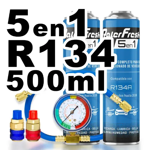 [RC1351-D2] Pack gas refrigerante 2 botellas Ralerfresh RC R134 5en1 500ml con Manometro RF32, llave y conectores