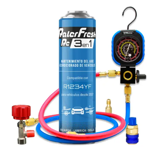 [RC1231-L1] Pack Gas Refrigerante Ralerfresh RC R1234YF 3en1 500ml con Manómetro RF31, llave y conector