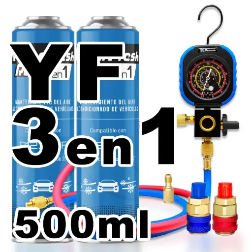 [RC1231-A2] Pack gas refrigerante 2 botellas Ralerfresh RC R1234YF 3en1 500ml con Manometro RF31, llave y conectores