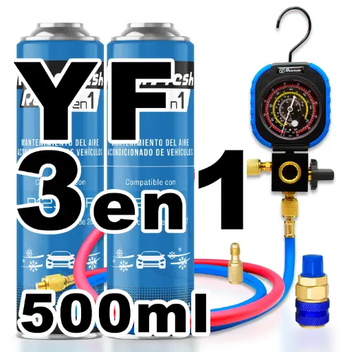 [RC1231-B2] Pack gas refrigerante 2 botellas Ralerfresh RC R1234YF 3en1 500ml con Manometro RF31, llave y conector rápido