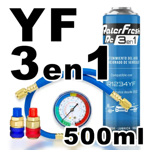 [RC1231-D] Pack Gas Refrigerante Ralerfresh RC R1234YF 3en1 500ml con Manómetro RF32, llave y conectores