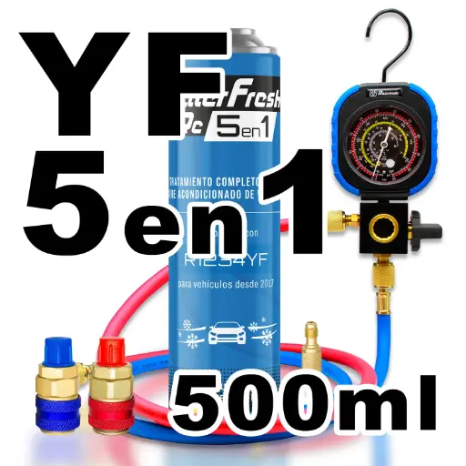 [RC1251-A] Pack gas refrigerante 1 botella Ralerfresh RC R1234YF 5en1 500ml con Manometro RF31, llave y conectores