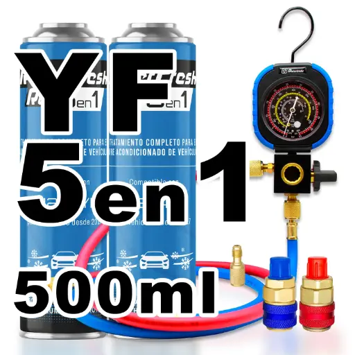 [RC1251-A2] Pack gas refrigerante 2 botellas Ralerfresh RC R1234YF 5en1 500ml con Manometro RF31, llave y conectores